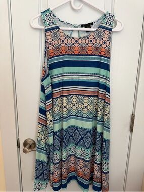 Sleeveless Patterned Swing Dress in Teal, Navy and Peach